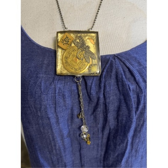 Neverwould Jewelry - Statement Necklace Hand Made Copper Box Dragonfly Crystals
